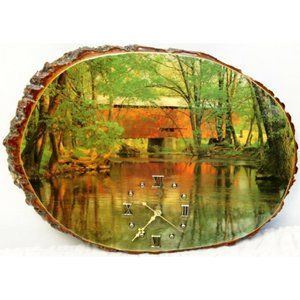 Vtg 80s Raw/Live Edge Wood Clock Oval Covered Bridge Creek Forest Varnished 15"